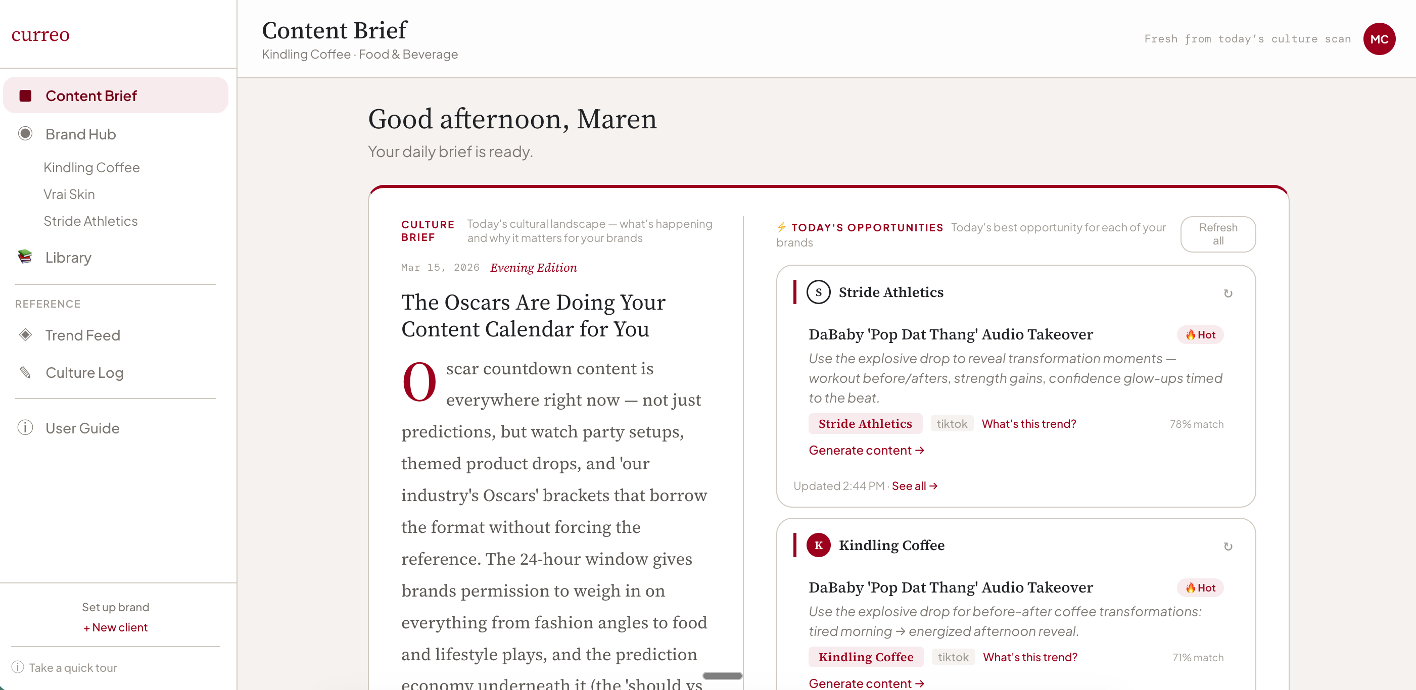Curreo Content Brief dashboard showing editorial briefing and matched trend opportunities for your brands