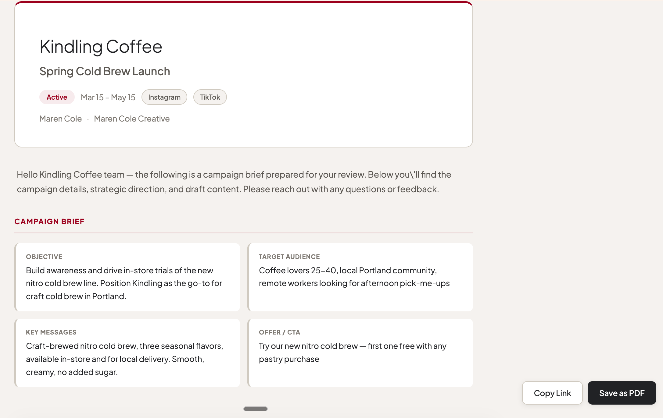 Curreo review pack showing a campaign brief with objective, audience, key messages, and draft content ready for client review