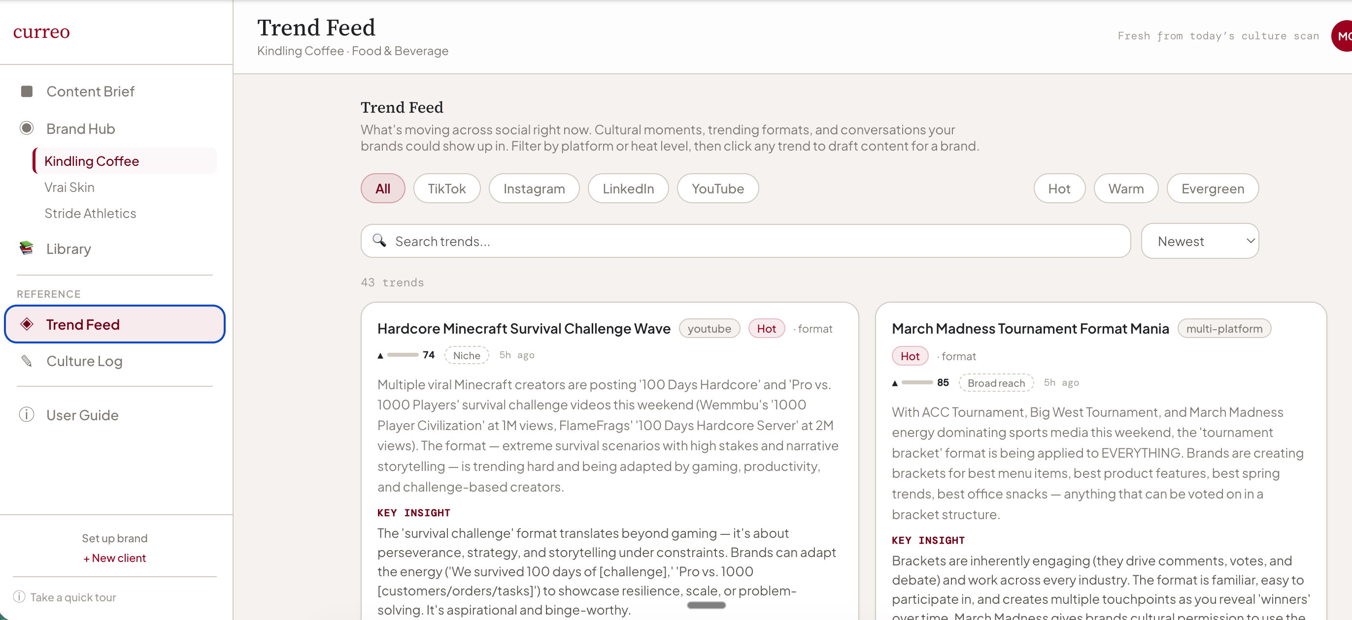 Curreo trend feed showing real-time cultural moments with platform and heat filters