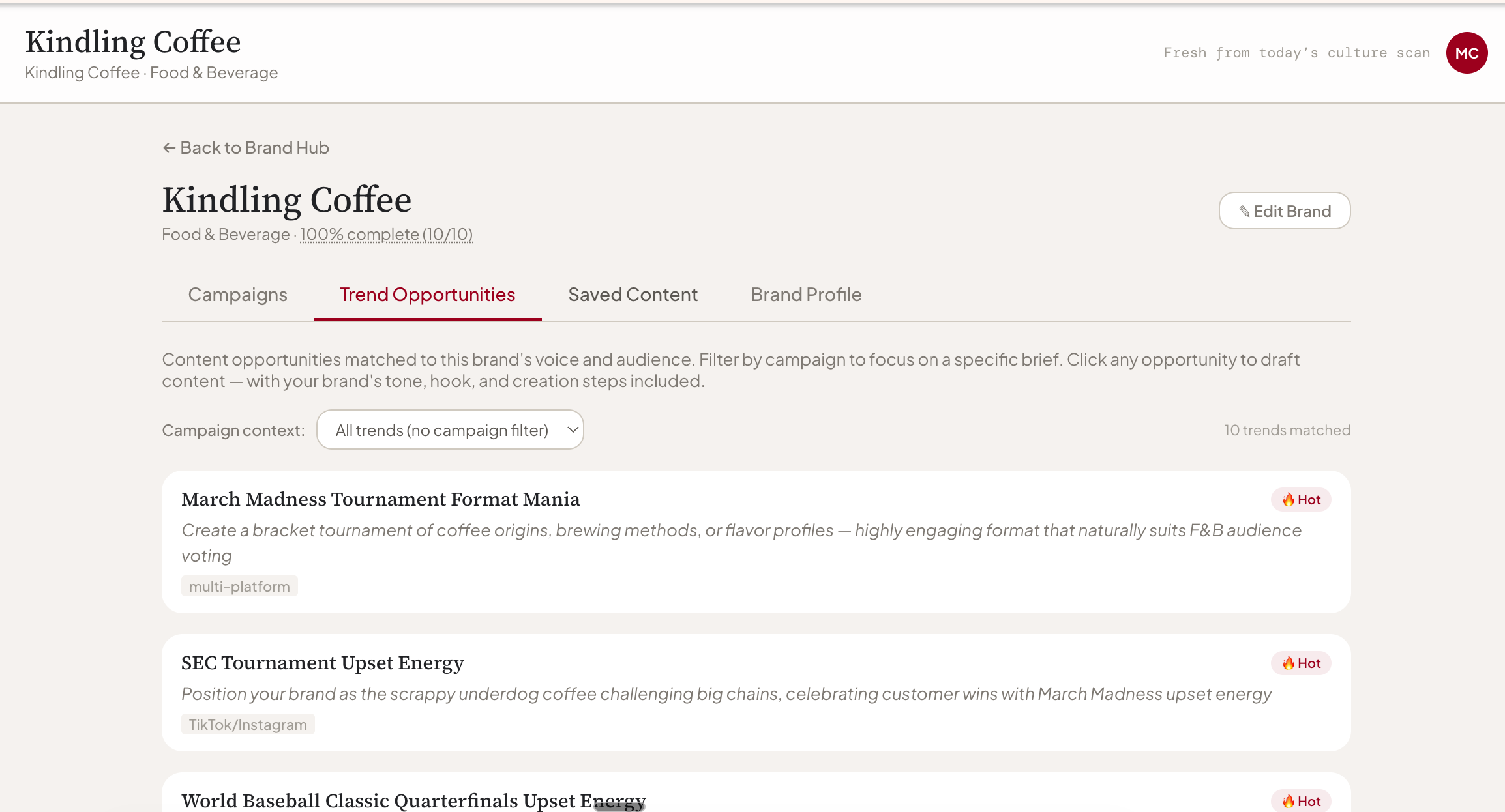 Curreo trend opportunities matched to a brand with creative bridge angles and match scores